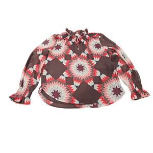 LOFT NWT Patchwork Boho Blouse Womens M Sheer Lined Ruched Sleeve Top